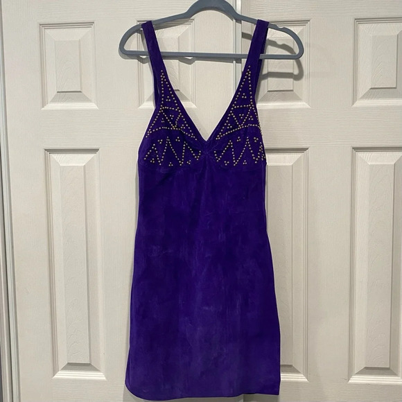 Firenze Vintage Purple Leather Suede Gold Studded Mini Dress - Picture 1 of 8